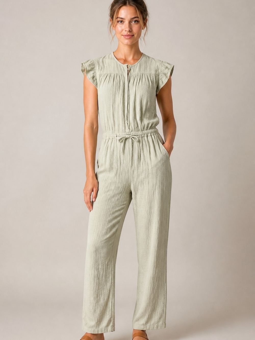 Anthropologie Mable Cap-Sleeve Sage 100% Cotton Jumpsuit W/ Drawstring Waist